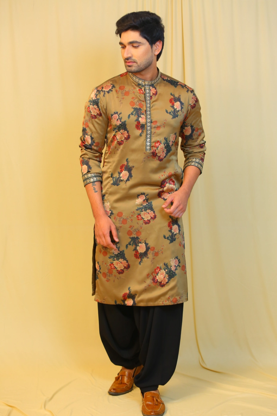 brown-floral-satin-crepe-kurta-with-black-patiala-m?uid=1674825161