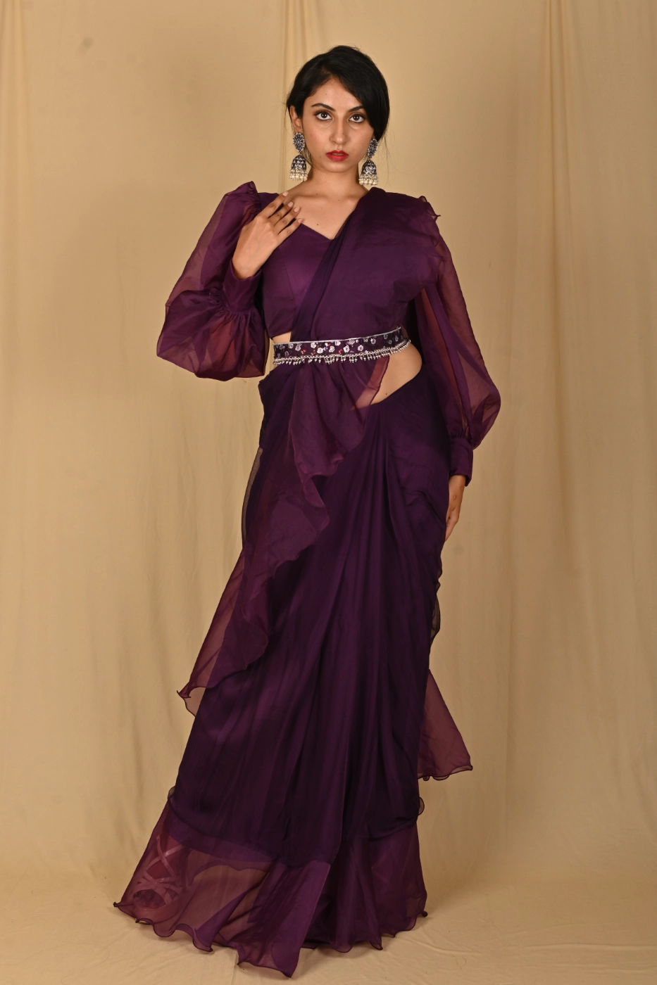 purple-soft-organza-ruffle-saree-with-puffed-full-sleeves-blouse-and-matching-embroidered-belt-custom-tailored?uid=1674831078