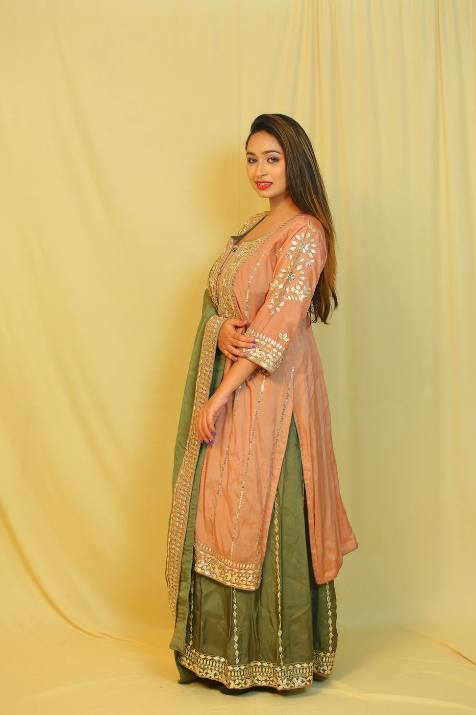 coral-colour-gota-work-crepe-silk-long-kurtamoss-green-sharara-and-matching-dupatta-m?uid=1674969016