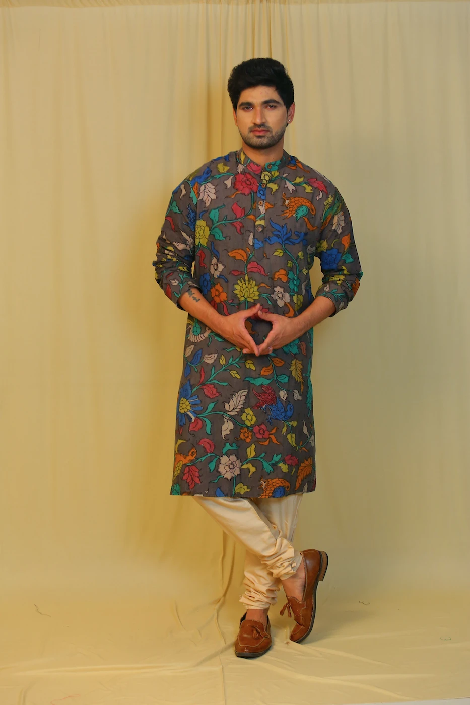 chocolate-brown-pen-kalamkari-long-kurta-with-beige-chudidaar-m?uid=1674997745