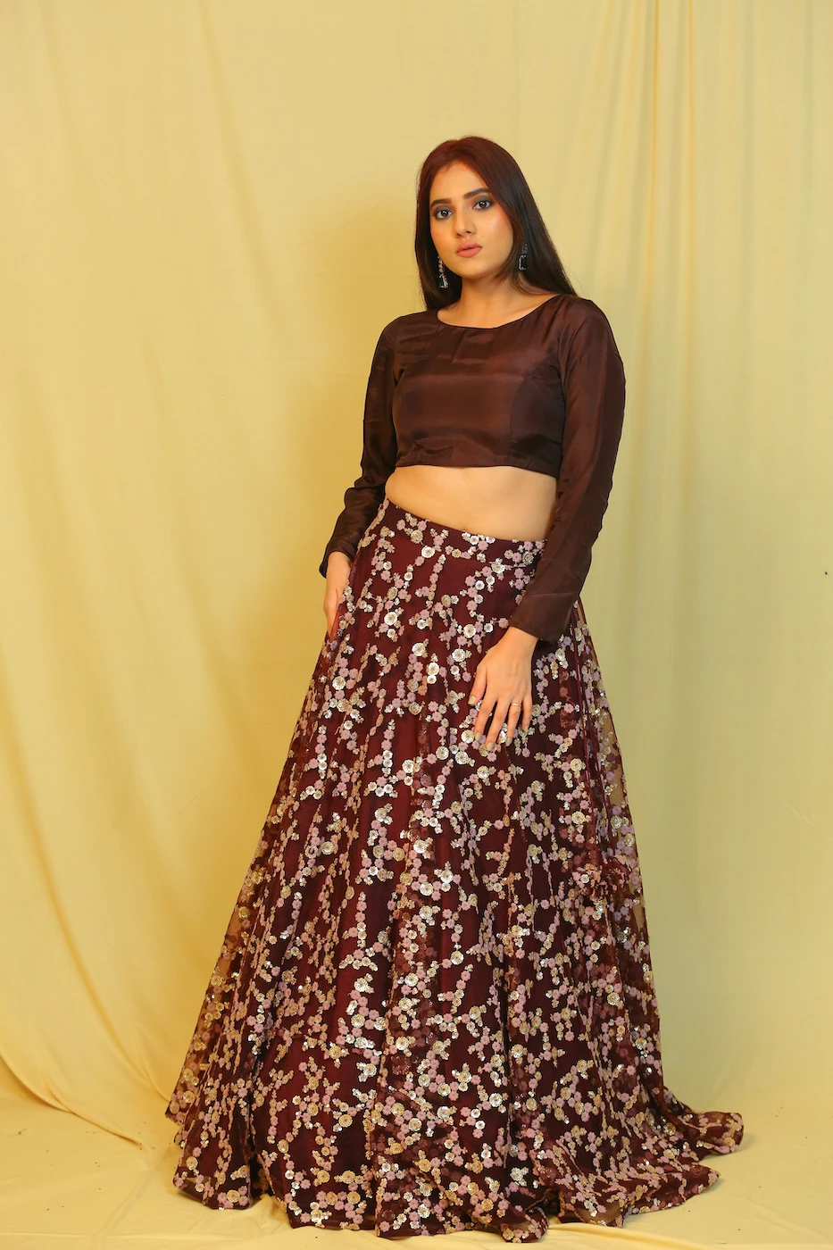 dark-brown-soft-net-floral-chikankari--sequin-work-lehenga-with-dark-brown-cotton-silk-crop-top-s?uid=1676350158