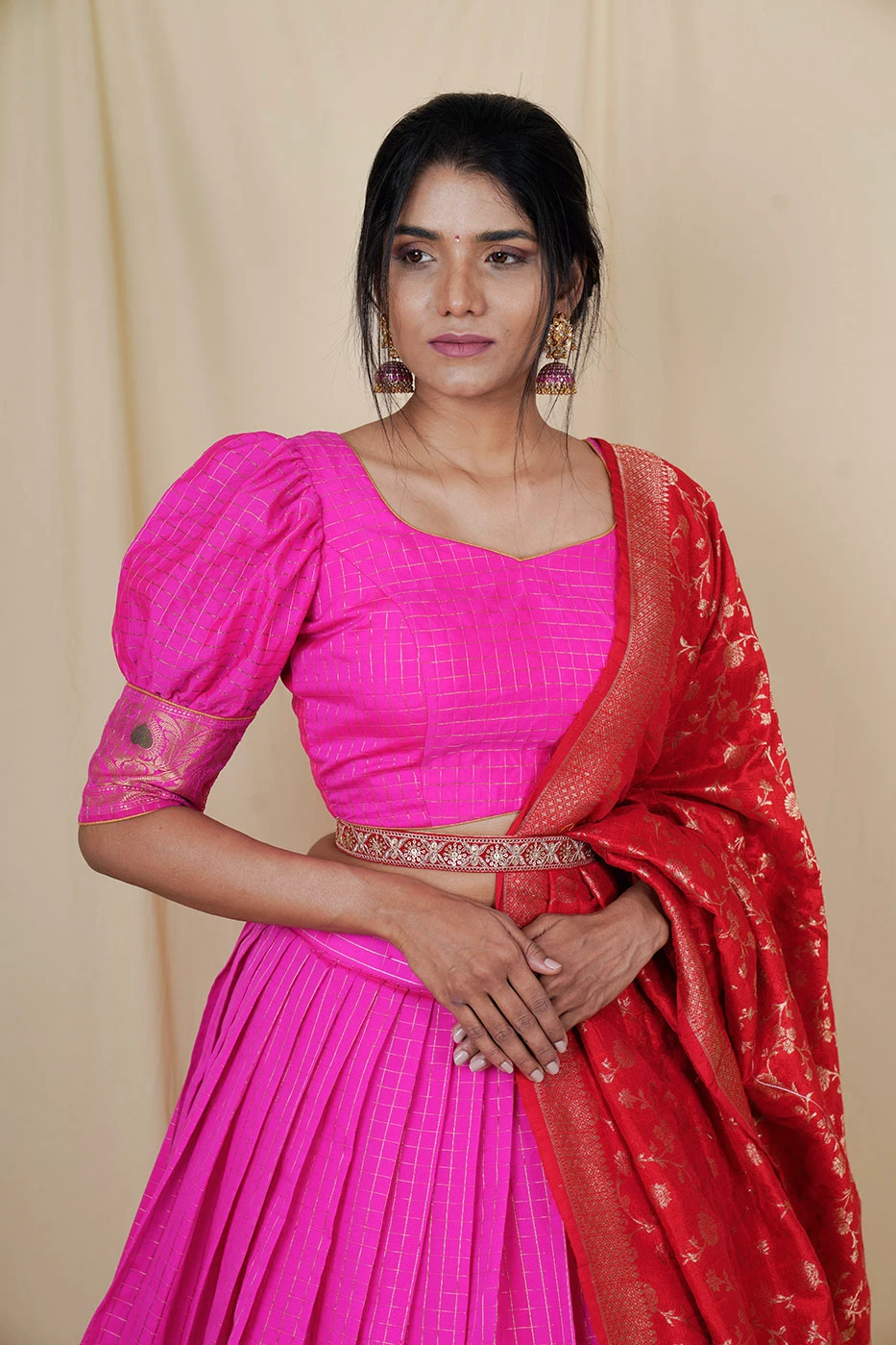 pink-cotton-silk-with-all-over-checks--big-border-lehenga-and-blouse-with-red-benaras-dupatta-s?uid=1676379719