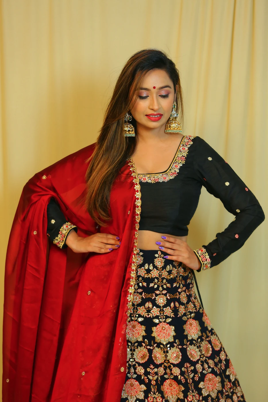 black-embroidered-crepe-silk-lehenga-with-black-raw-silk-full-sleeves-blouse-and-contrast-maroon-crepe-silk-dupatta-with-embroidered-border-l-red?uid=1676528171