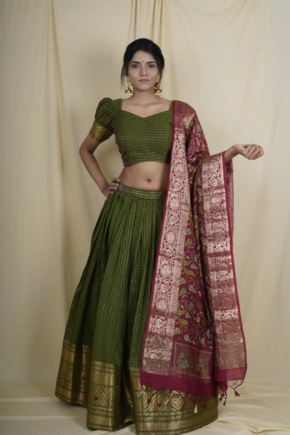 mehendi-green-silk-half-saree--set-paired-with-red-pen-kalamkari-dupatta-m?uid=1674824773