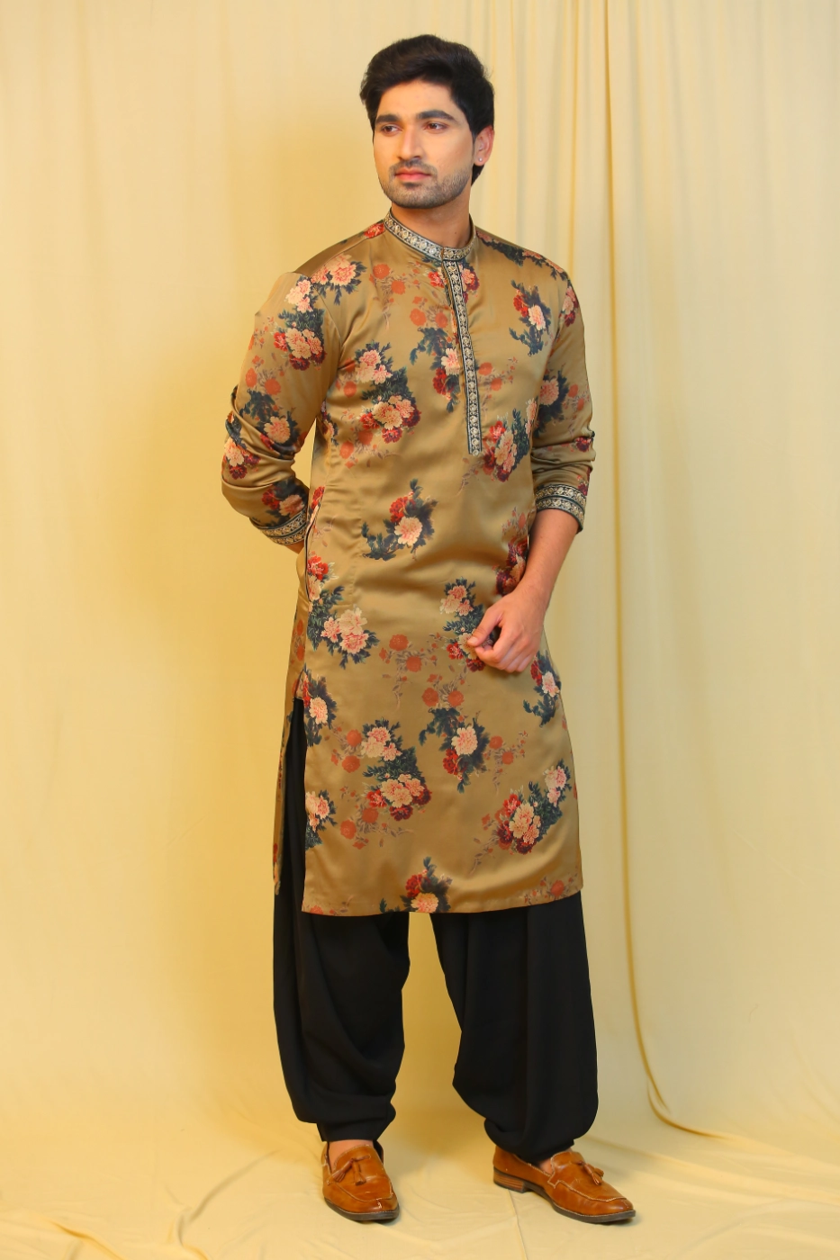 brown-floral-satin-crepe-kurta-with-black-patiala-m?uid=1674825161