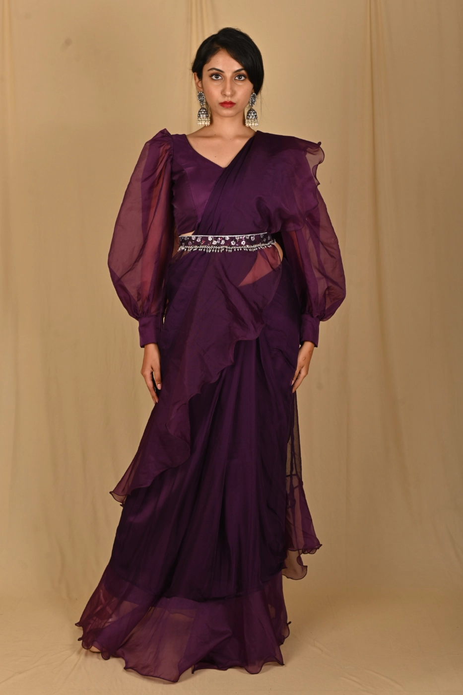 purple-soft-organza-ruffle-saree-with-puffed-full-sleeves-blouse-and-matching-embroidered-belt-custom-tailored?uid=1674831078