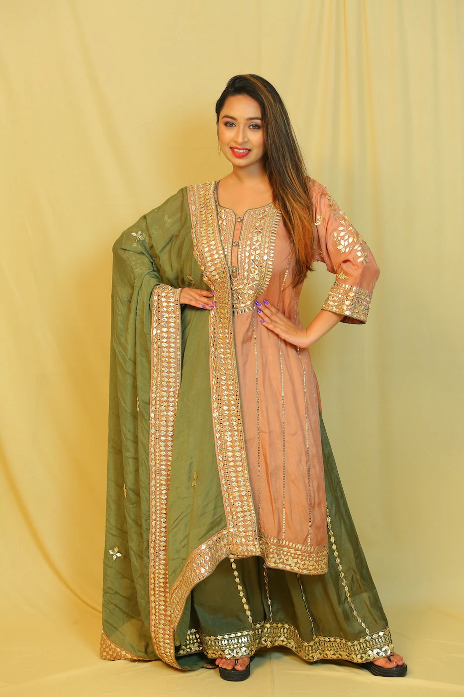 coral-colour-gota-work-crepe-silk-long-kurtamoss-green-sharara-and-matching-dupatta-m?uid=1674969016