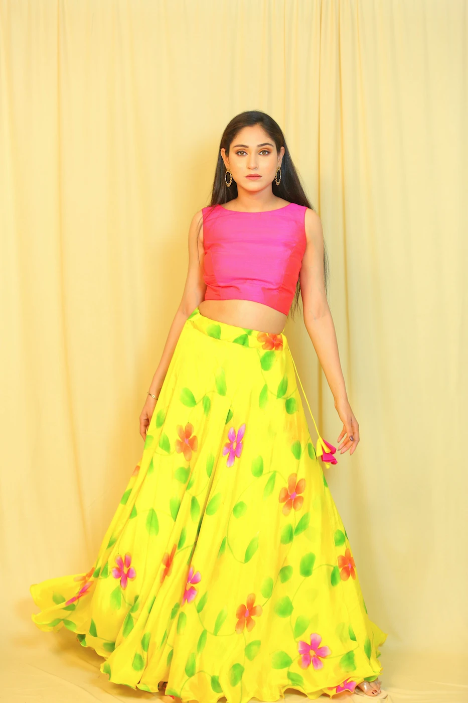 bright-yellow-pure-chiffon-skirt-with-floral-print-and-pink-cotton-silk-crop-top-m?uid=1676292776