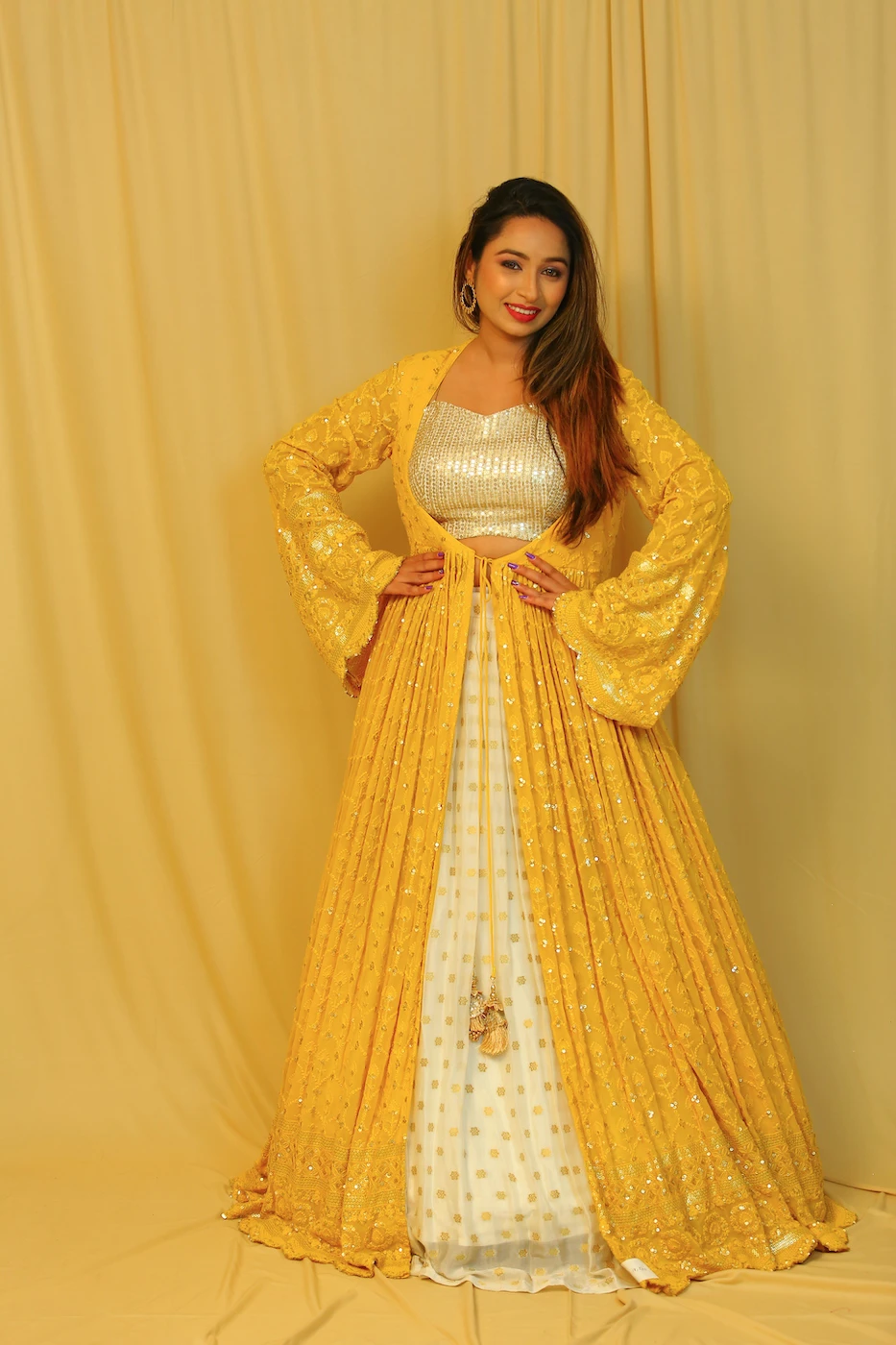 of-white-chiffon-lehenga-with-gold-sequin-cop-top-and-turmeric-yellow-long-over-coat-m?uid=1676294081