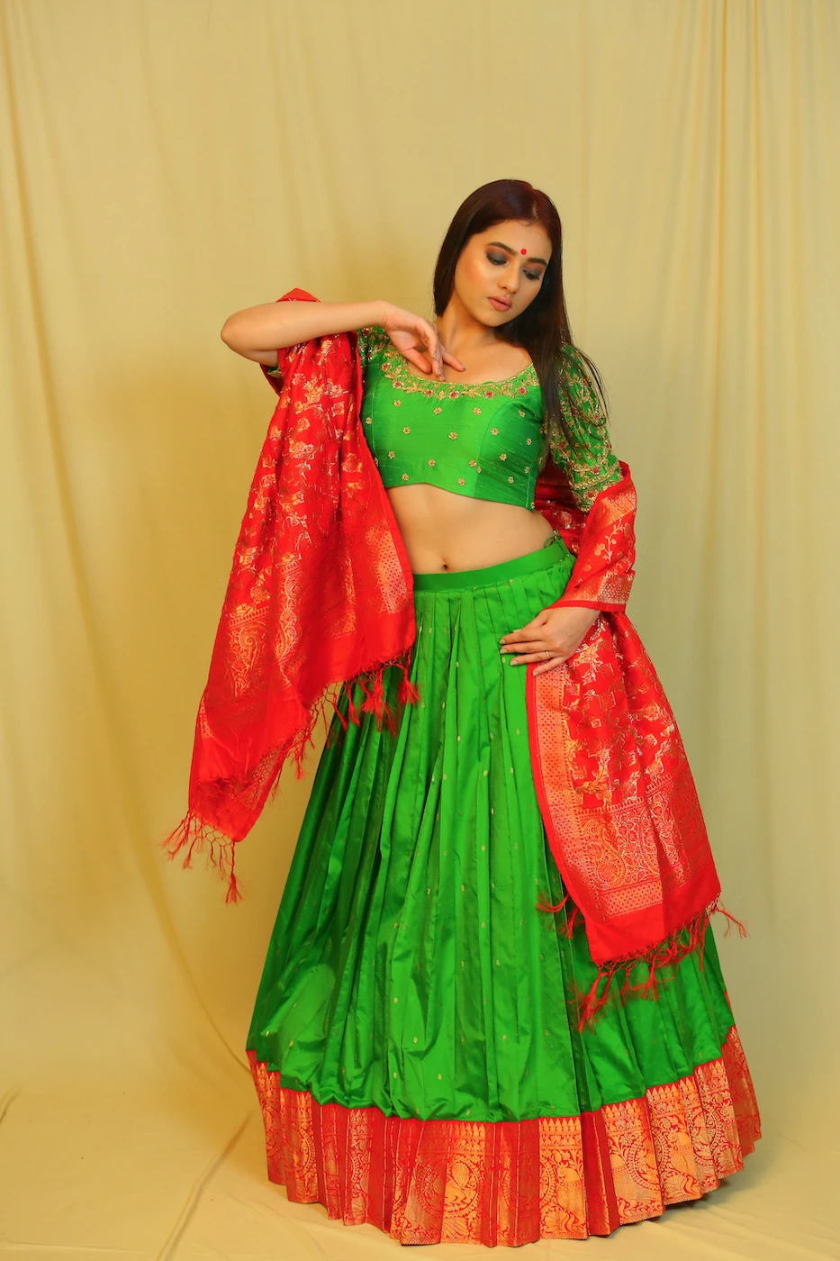 leaf-green-kanchi-silk-lehenga-with-red-border-green-silk-blouse-with-all-over-hand-embroidery-and-red-pure-benaras-silk-dupatta-m?uid=1676350485