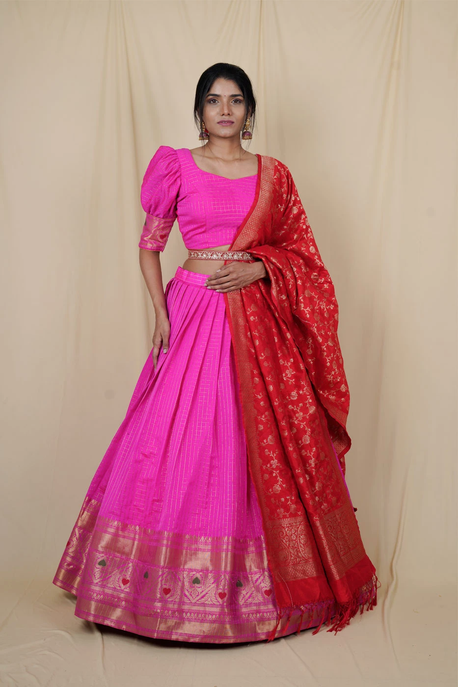 pink-cotton-silk-with-all-over-checks--big-border-lehenga-and-blouse-with-red-benaras-dupatta-s?uid=1676379719