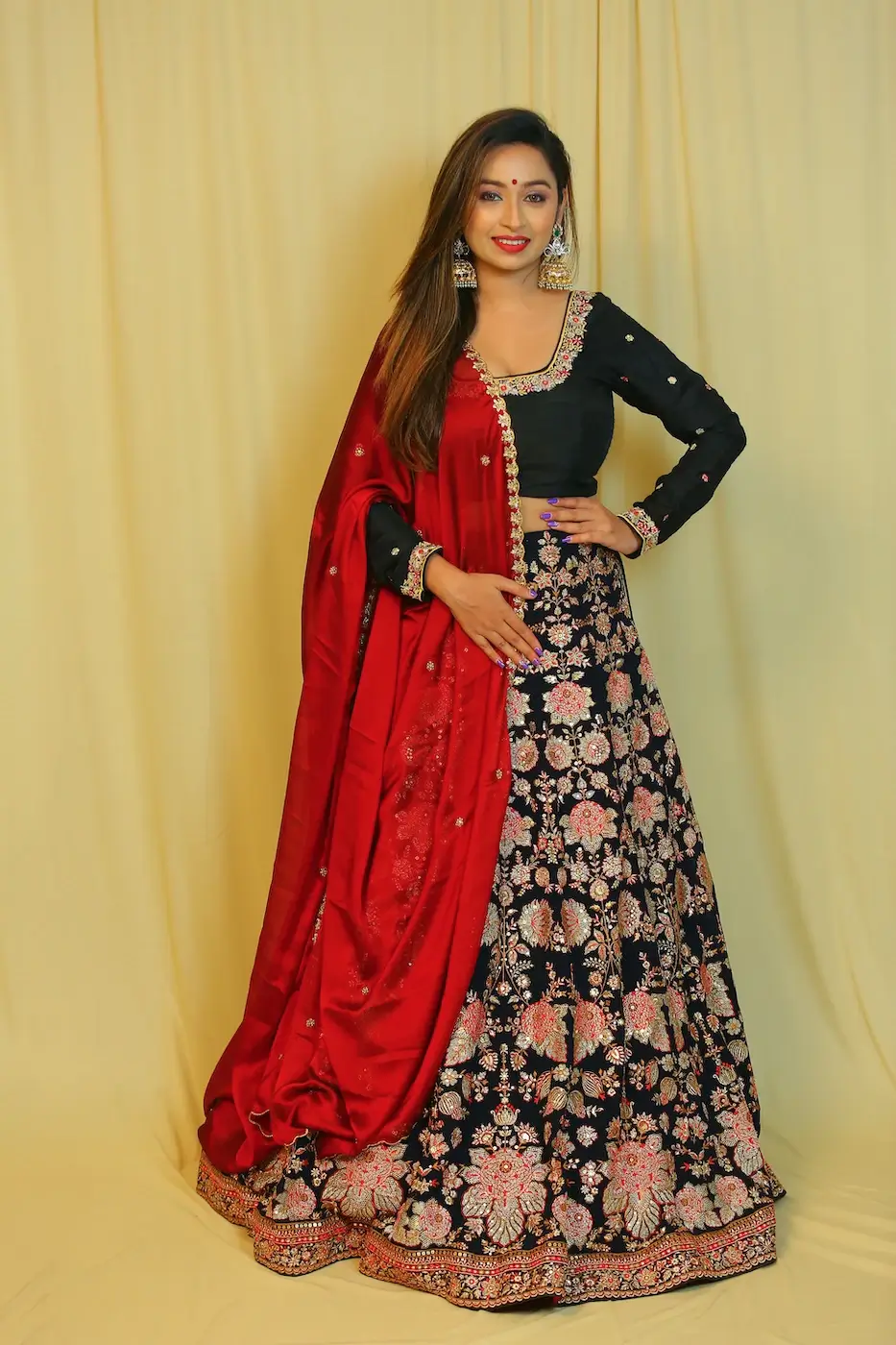 black-embroidered-crepe-silk-lehenga-with-black-raw-silk-full-sleeves-blouse-and-contrast-maroon-crepe-silk-dupatta-with-embroidered-border-l-red?uid=1676528171